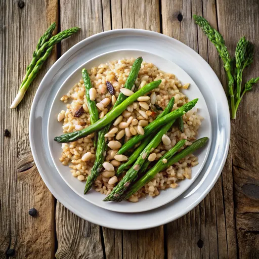 Brązowy Ryż z Zielonymi Asparagusami i Orzeszkami Pinii